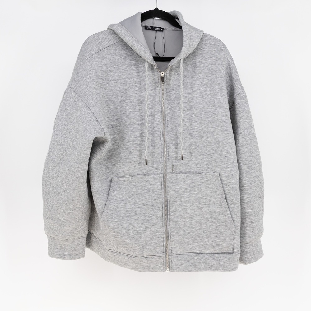 Zara Women's Neoprene Soft Stretch Full Zip Hooded Hood Jacket Heathered Gray M